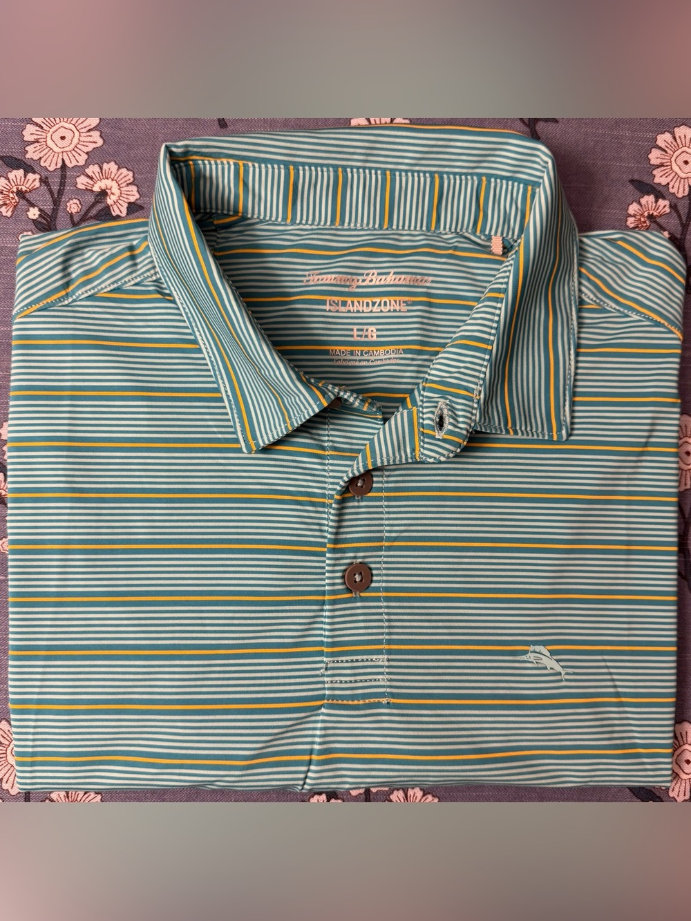 Tommy Bahama IslandZone Polo – Light Mint Green/Orange Stripe – Men’s L – EUC